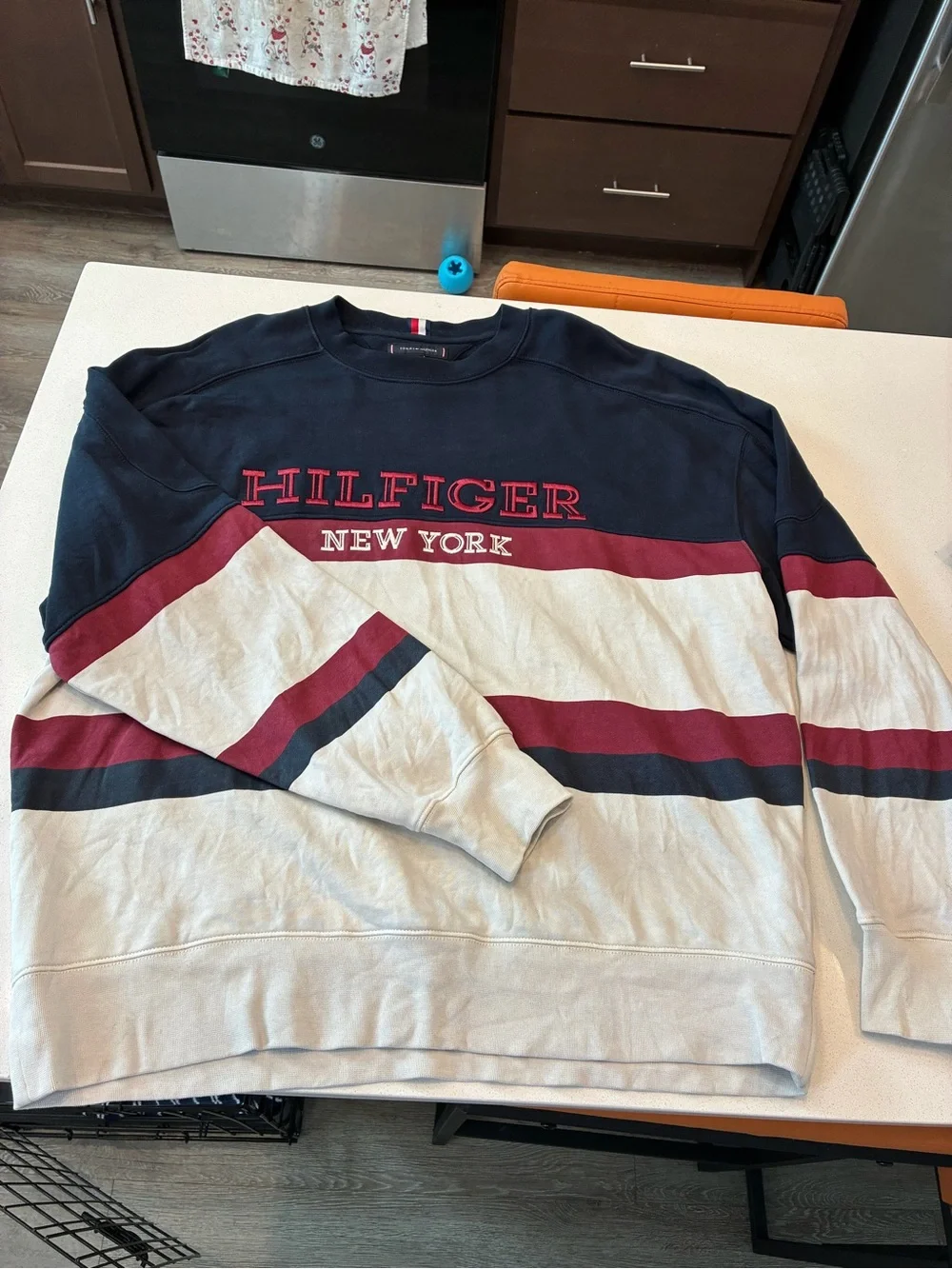 Tommy Hilfiger Navy, Cream & Burgundy Stripe Crewneck Sweater